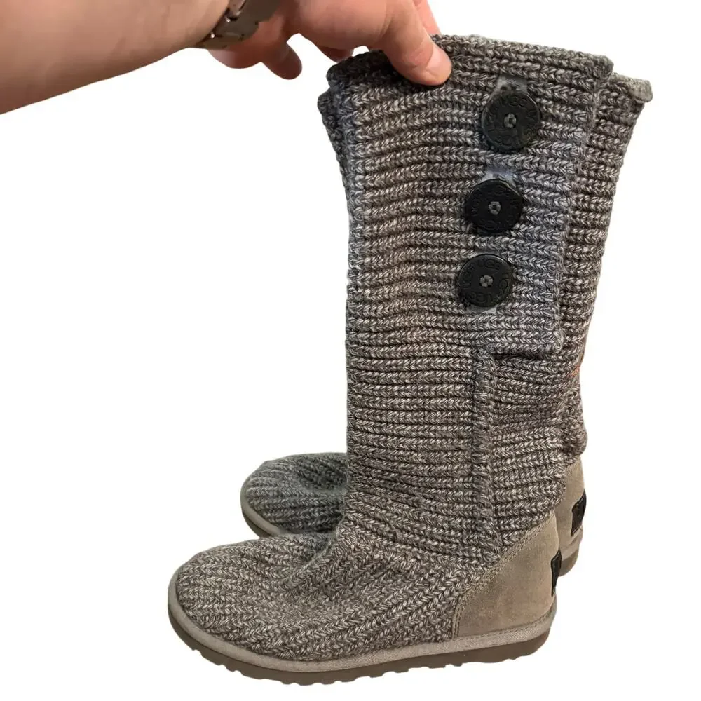 UGG CLASSIC CARDY BUTTON GREY GRAY KNIT CUFF TALL ANKLE BOOTS SIZE 6 WOMEN - Picture 3 of 6